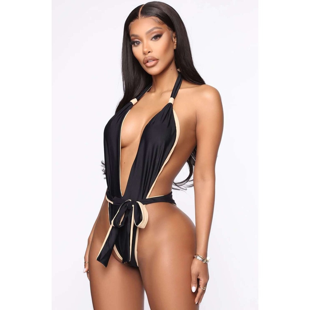 NWT Fashion Nova Call Me In Ibiza Colorblock One Piece Swimsuit Black Tan Size S